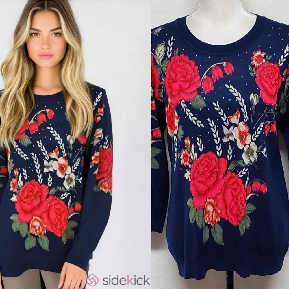 Vintage Blue Rhinestone Embellished Red Rose Fern Crewneck Lightweight Sweater S
